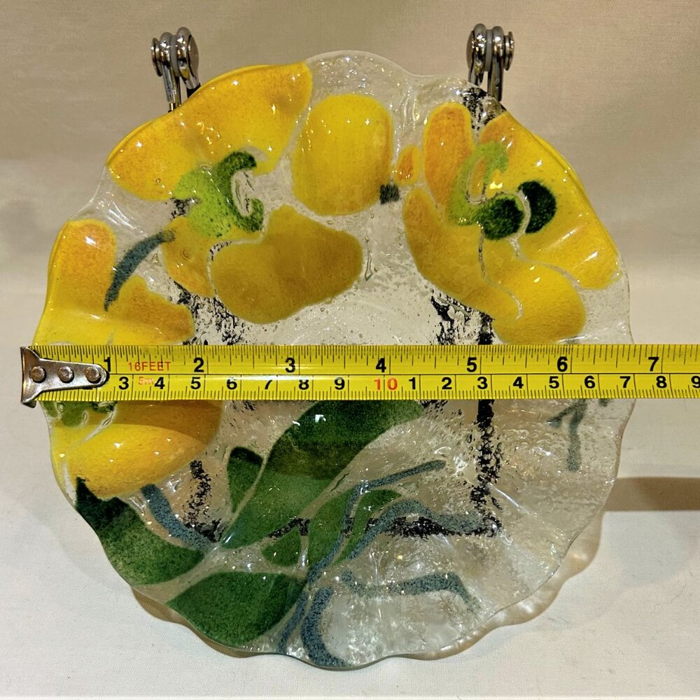 VTG Sydenstricker Fused Glass Ruffle Edge Bowl 6.75" Yellow Flower EUC